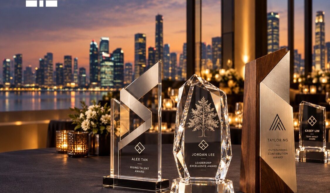 Premium customised trophies in crystal, acrylic and wood with engraved recipient names and logos, displayed at a Singapore awards event